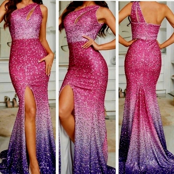 Dresses & Skirts - Hot Pink Ombre, Gradient, Diagonal Collar,  Contrast Sequined Mermaid Go…